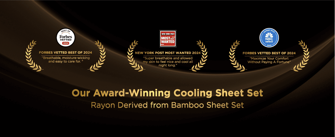 Reinforces credibility and quality of the cooling sheet set through award badges and quoted endorsements from recognized publications.
