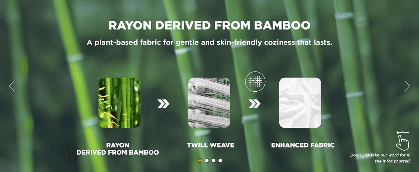 Walks the shopper through how the bamboo-derived fabric is made, from raw bamboo to twill weave to finished sheet, to build confidence in the material's quality.