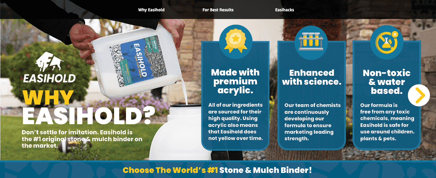 Builds trust in the formula by highlighting three quality and safety benefits side by side.