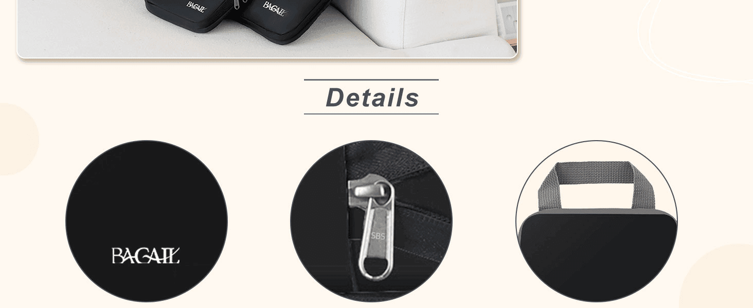 Zooms into three build details (branding, zipper, handle) to reassure shoppers of quality construction. Highlights multiple quality touches in one segmented layout to build confidence in the…