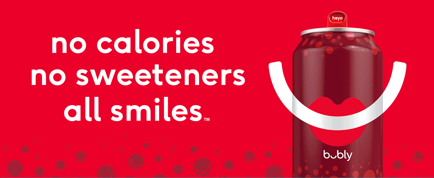 Reassures shoppers the product is a guilt-free treat with no calories or artificial sweeteners. Reinforces the bubly brand identity and playful tone alongside the product benefit.