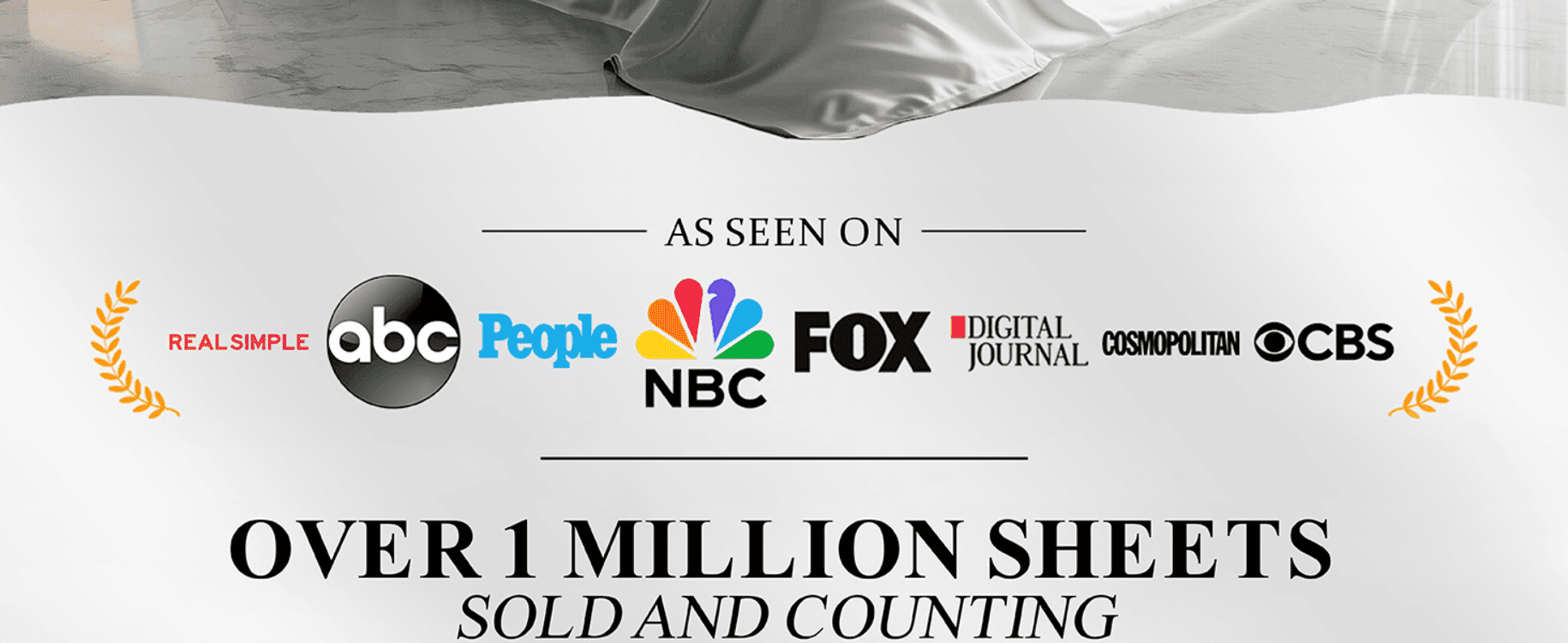 Builds credibility by showing the brand has been featured across recognizable media outlets. Reassures shoppers of popularity and trust using a bold sales figure.