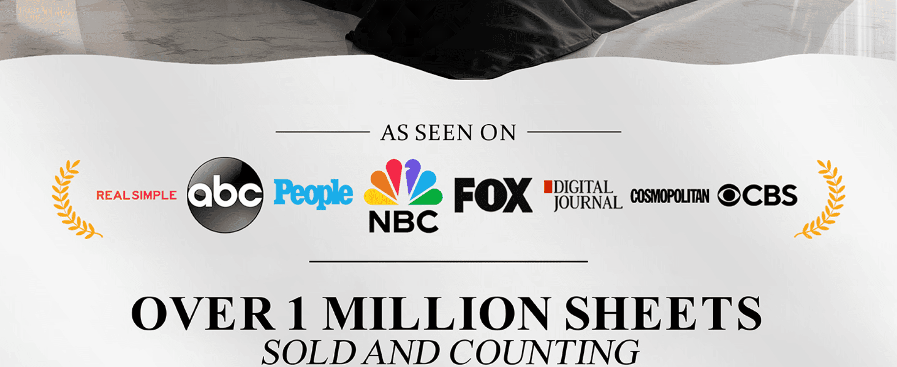 Builds credibility by showing the brand has been featured in major media outlets. Reassures shoppers of popularity by highlighting that over 1 million sheets have been sold.