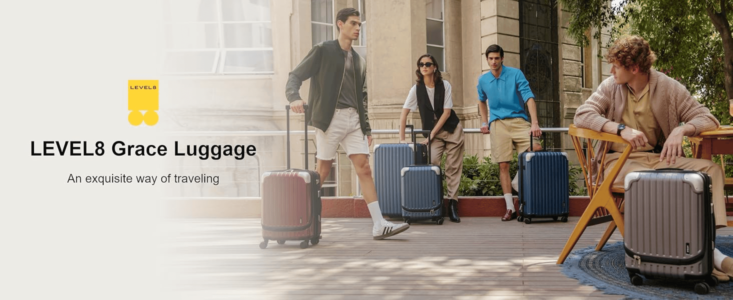 Introduces the LEVEL8 Grace Luggage line with its logo and tagline over a lifestyle travel scene to build brand appeal.