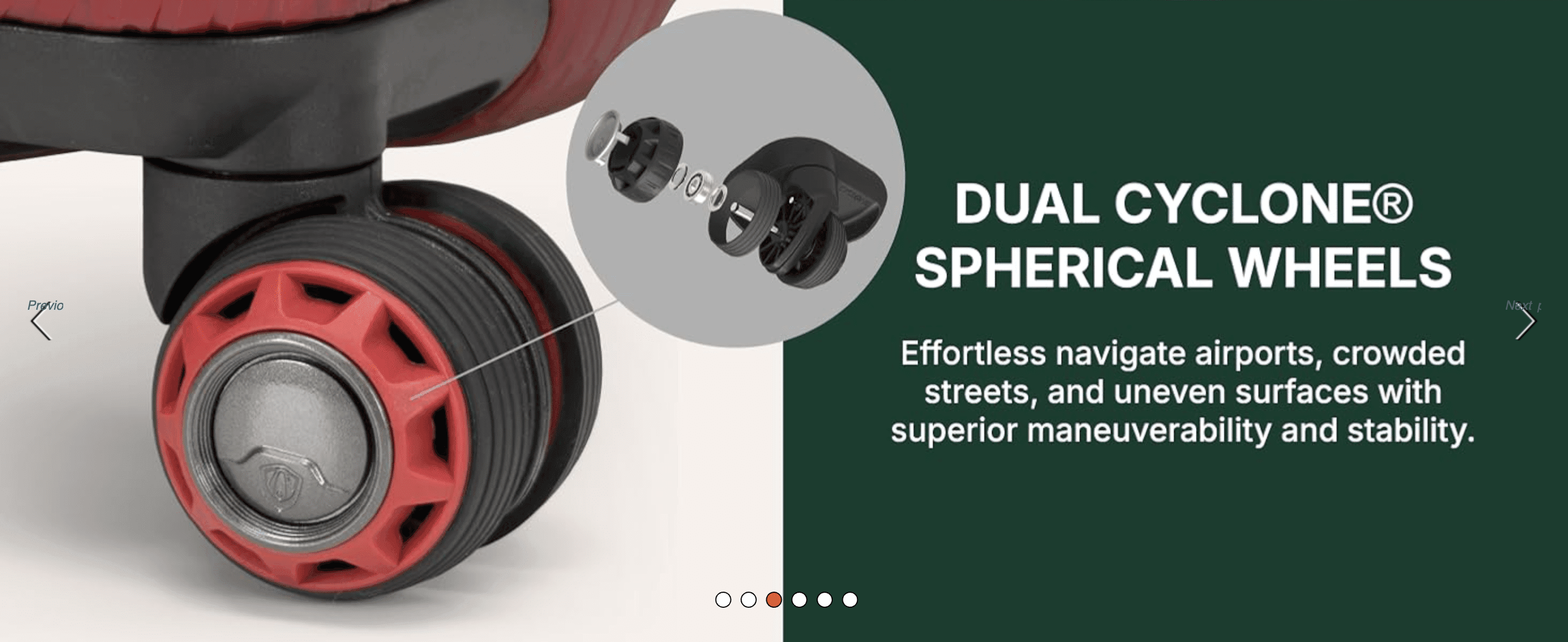 Highlights the engineered wheel mechanism to reassure shoppers of smooth, stable maneuverability. Communicates that the wheel design delivers effortless navigation over varied surfaces.