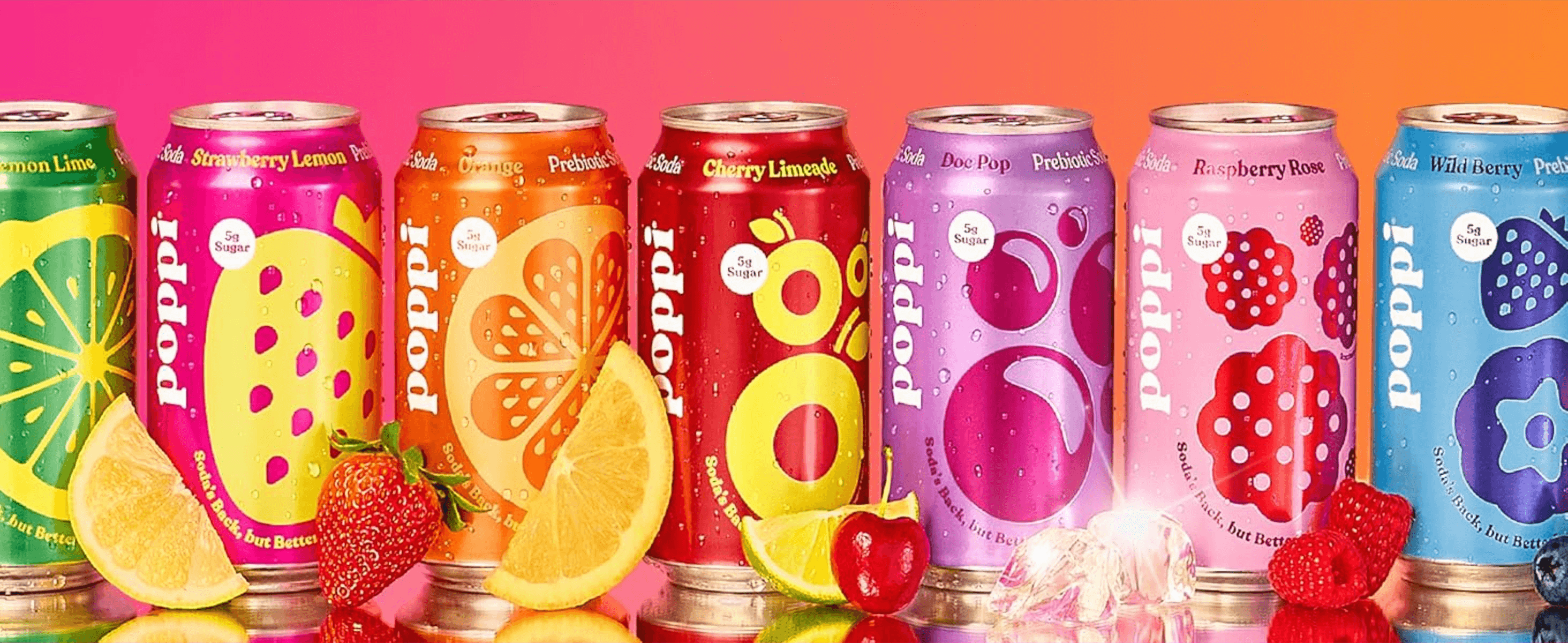 Displays the full flavor range side by side so shoppers see the variety and the brand's colourful identity.