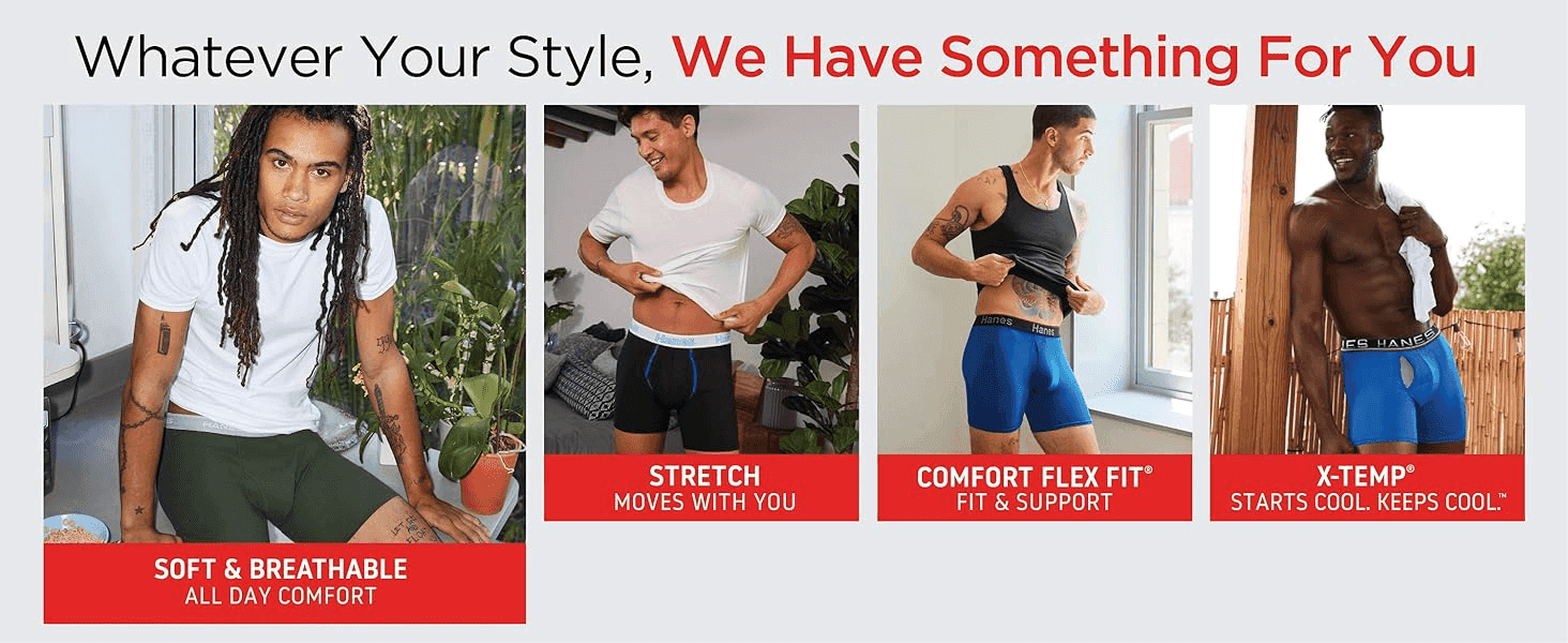 Shows the range of Hanes styles worn by real men to reassure shoppers there is a fit and feel for them. Highlights soft, stretch, flex-fit and cooling benefits in separate panels so each style's…