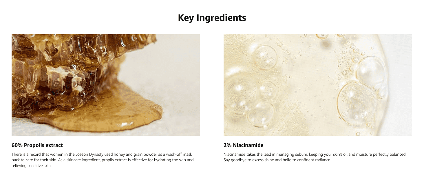 Highlights the two key active ingredients and their skincare benefits side by side to build ingredient-led trust.