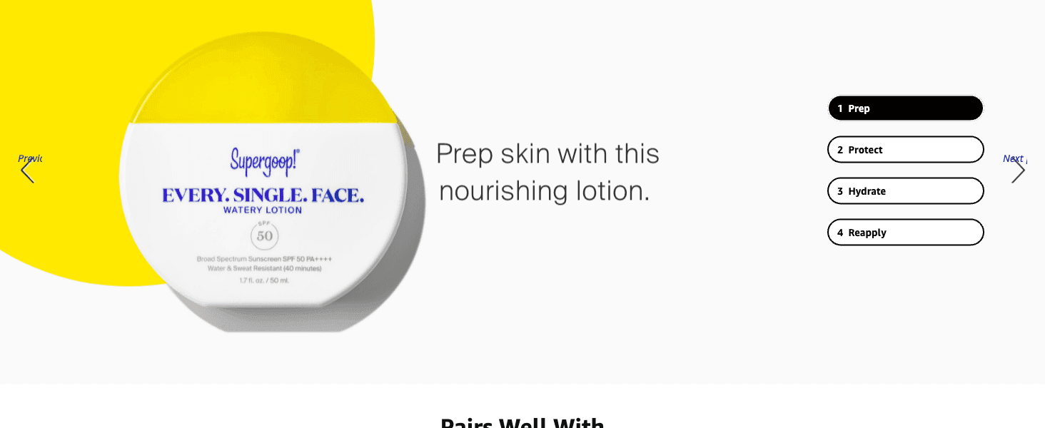Shows shoppers where this lotion fits in a 4-step regimen (Prep, Protect, Hydrate, Reapply). Highlights the lotion as the nourishing prep step before sunscreen application.