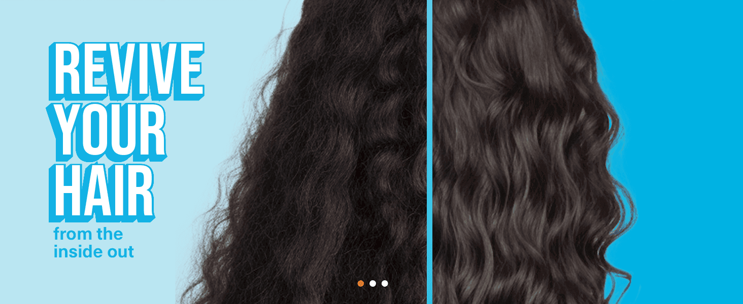 Shows a visible hair transformation to prove the treatment restores dry, damaged hair. Delivers one core promise of reviving hair from the inside out.