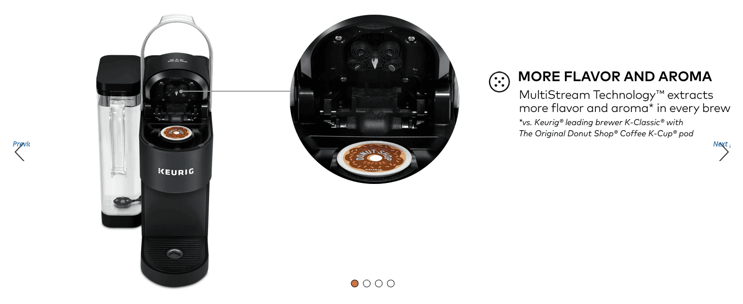Claims more flavor and aroma per brew so shoppers see the payoff of the brewing tech. Zooms into the brew chamber to show the MultiStream design inside the machine.