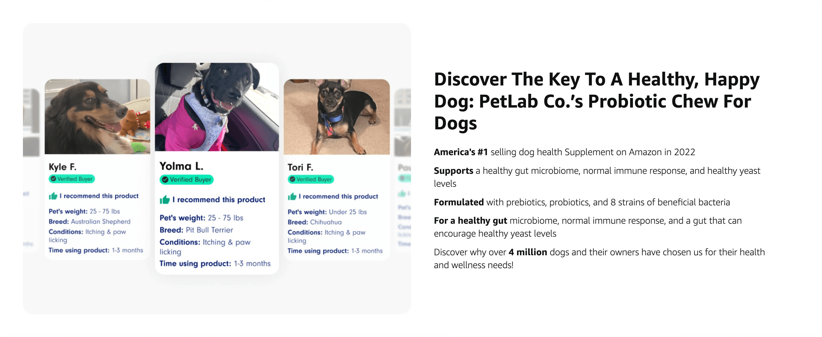 Shows real customers' dogs to prove the product works for a range of breeds and conditions. Uses verified buyer recommendations to build social proof and reduce purchase hesitation.