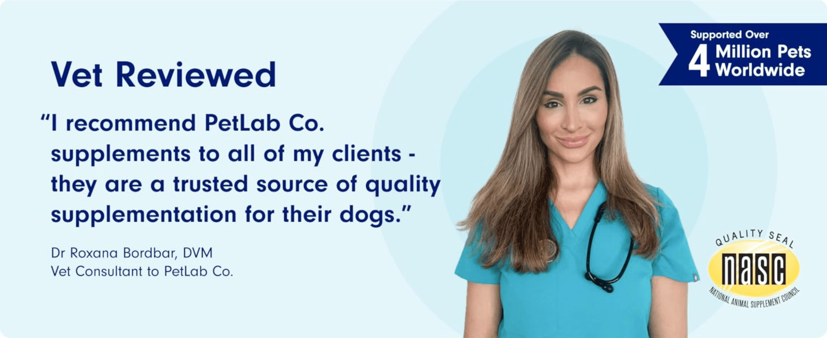Uses a veterinarian's personal recommendation to build clinical trust in the product's quality. Displays a third-party quality certification to reassure shoppers the supplement meets industry…