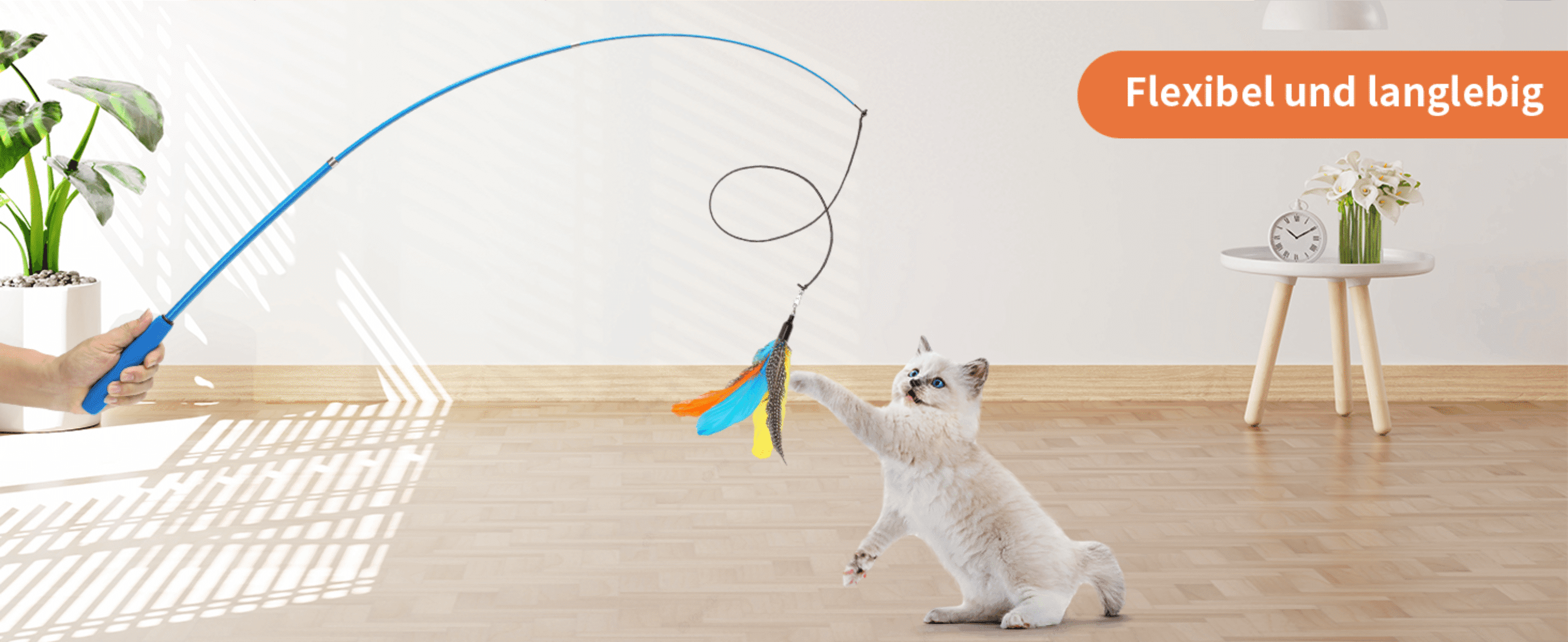 Shows the wand toy in real play to reassure shoppers the pole is flexible and long-lasting.