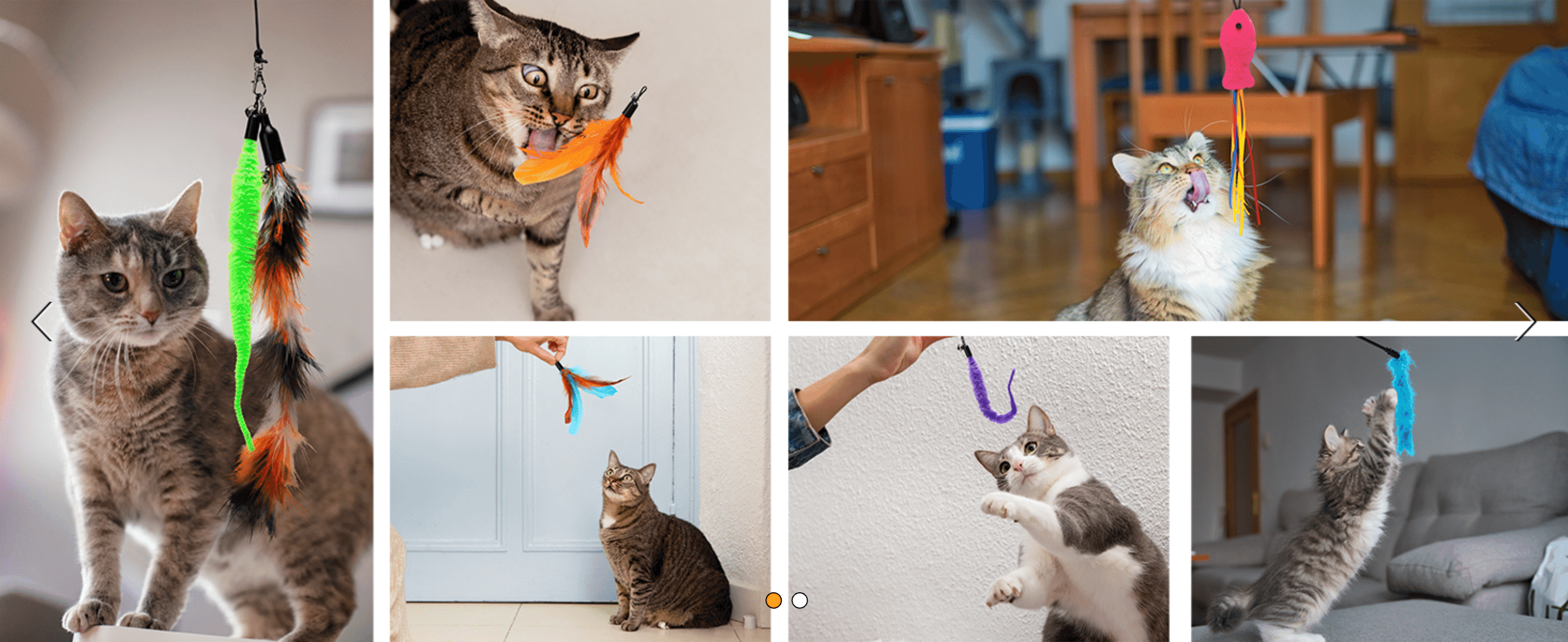 Shows real cats in different homes enjoying the toys to build trust through authentic customer proof.