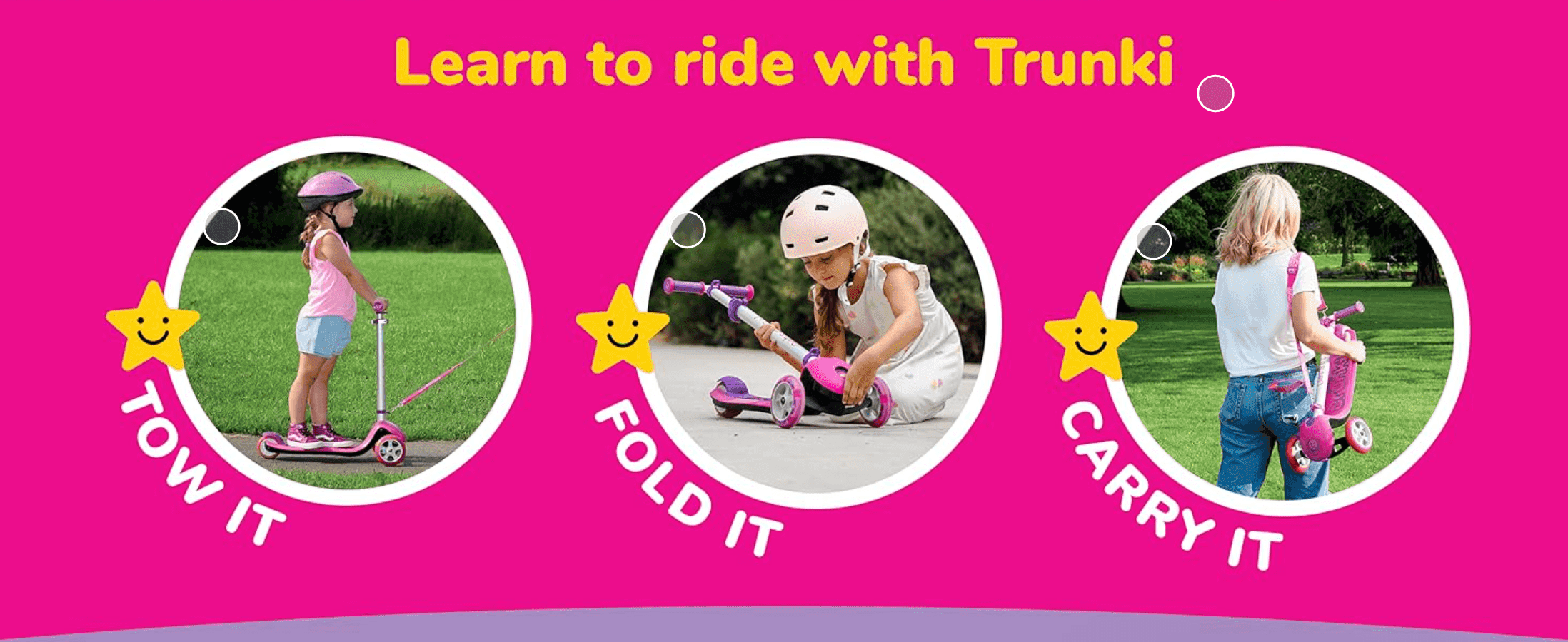 Shows parents the three simple actions for using the scooter day-to-day, reassuring them of its convenience.