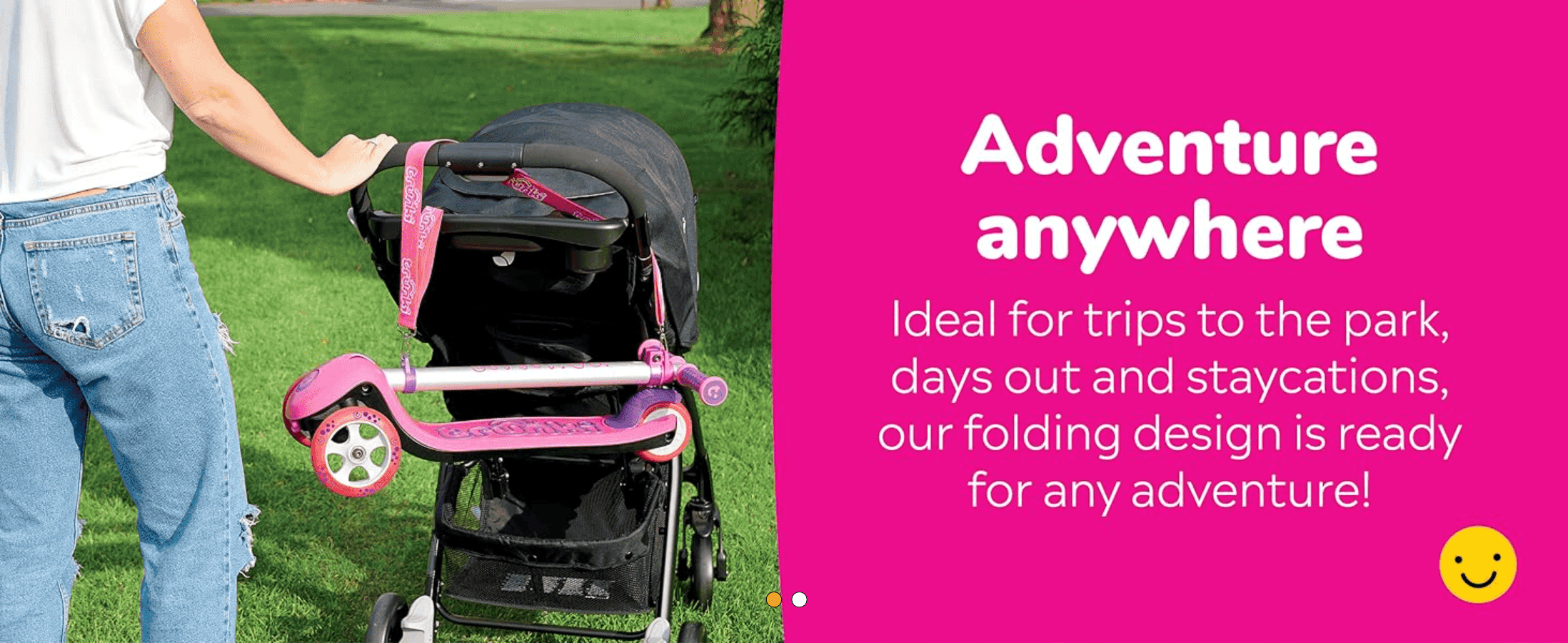 Shows the scooter attached to a stroller during a park outing to communicate that it's convenient and ready for any outing.