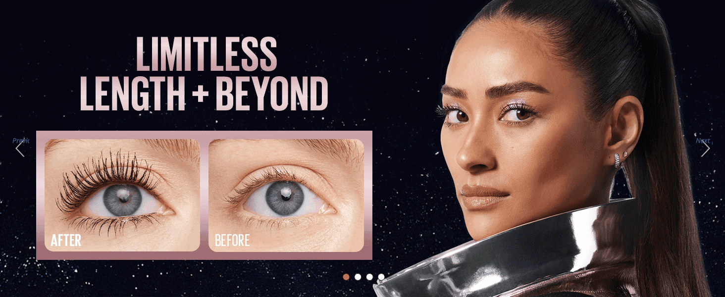 Proves the mascara's lengthening and volumizing effect by showing a real before-and-after eye comparison. Communicates one core benefit claim, dramatic lash length and volume, reinforced by a…