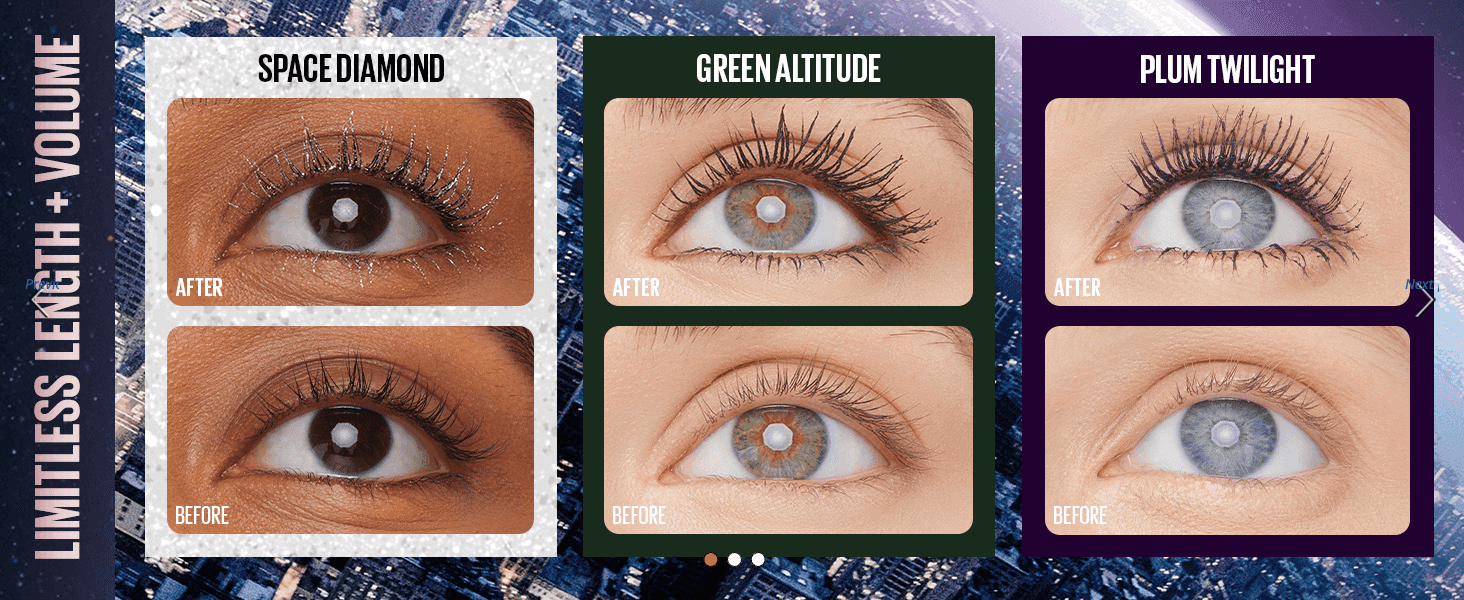 Shows real before-and-after lash results across three different shades to prove consistent effectiveness. Highlights results across the brand's own shade lineup to help shoppers pick a variant.