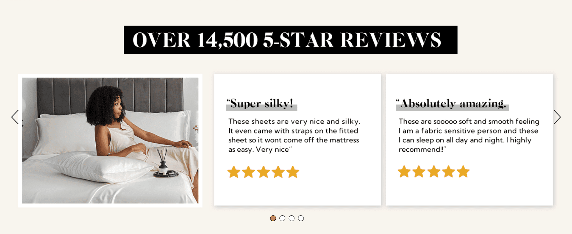 Builds social proof by showcasing 14,500+ five-star reviews and direct customer quotes praising the sheets' softness.
