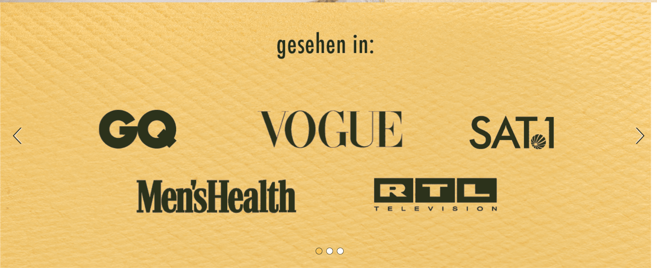 Builds trust by showing well-known magazines and TV channels that have featured the brand.