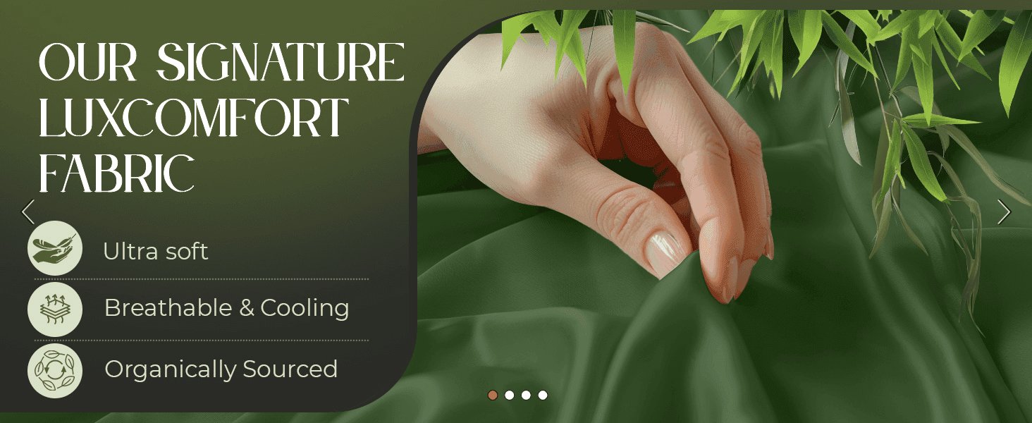 Builds confidence in the fabric's quality by listing three distinct material benefits alongside a close-up touch shot.
