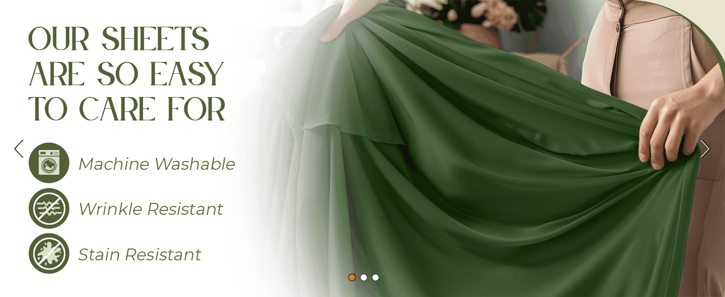 Reassures shoppers the sheets are low-maintenance by pairing care icons with a lifestyle photo of the fabric in hand.
