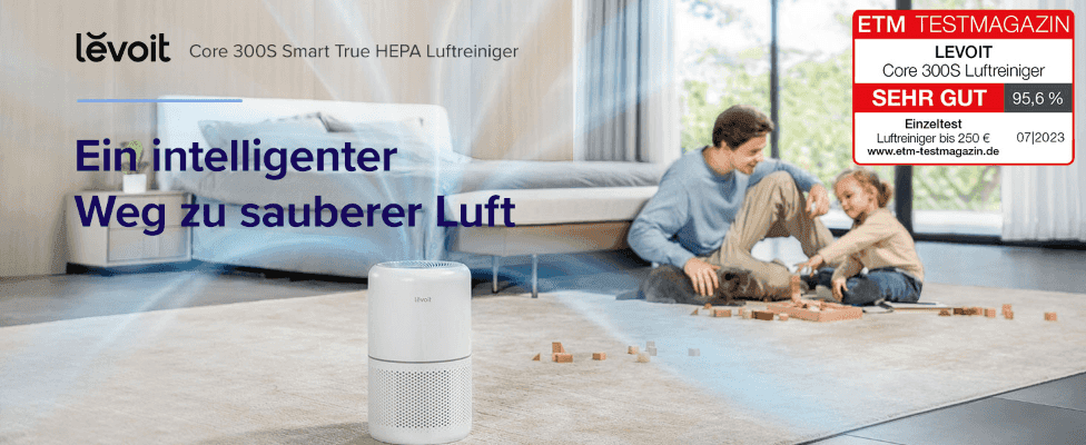 Introduces the product as a smart way to cleaner air through a warm family lifestyle scene and headline claim. Builds trust by showing an independent magazine test award (ETM Testmagazin, 95.6% SEHR…