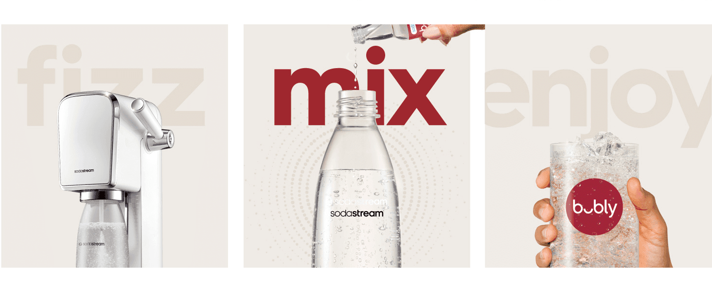 Shows the simple three-step process (fizz, mix, enjoy) for using the sparkling water maker and flavor drops.