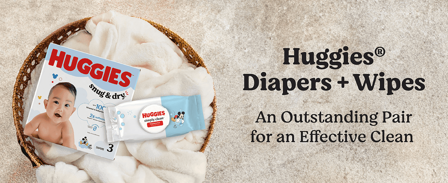 Positions Huggies diapers and wipes as a complementary pair for an effective diaper-changing clean.