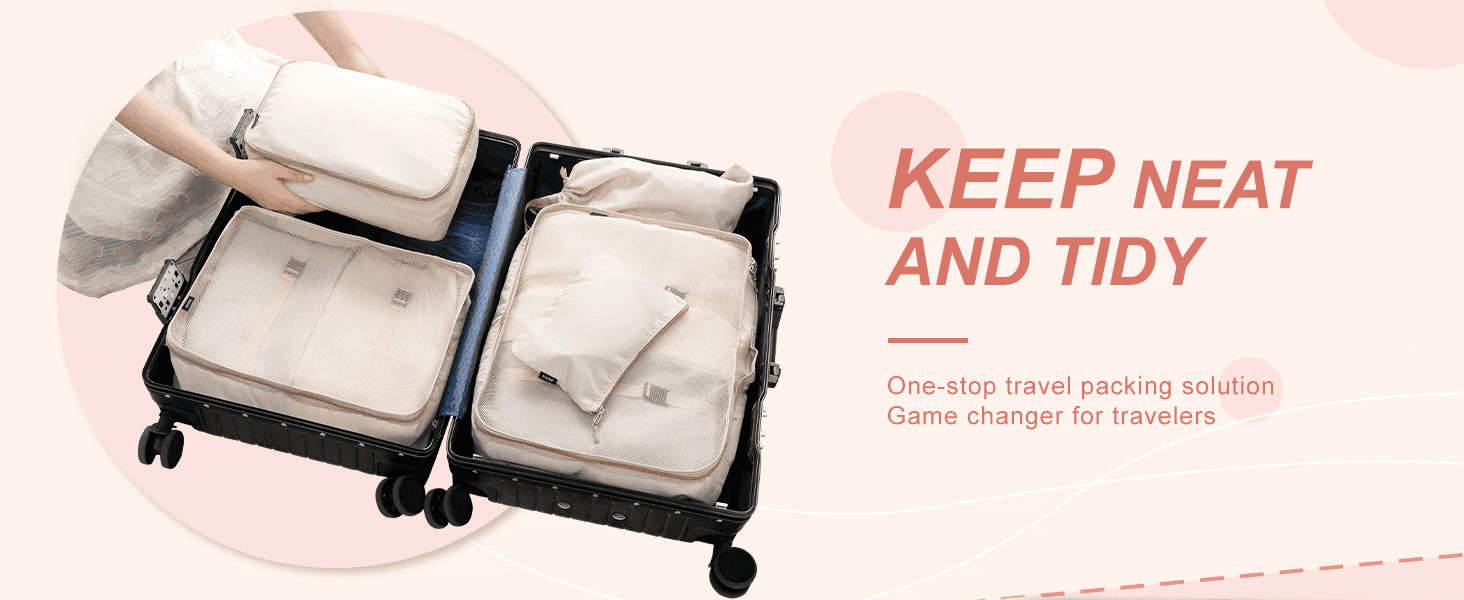 Shows the packing cubes fitted neatly into a suitcase to convey the one-stop, keep-neat-and-tidy travel benefit.