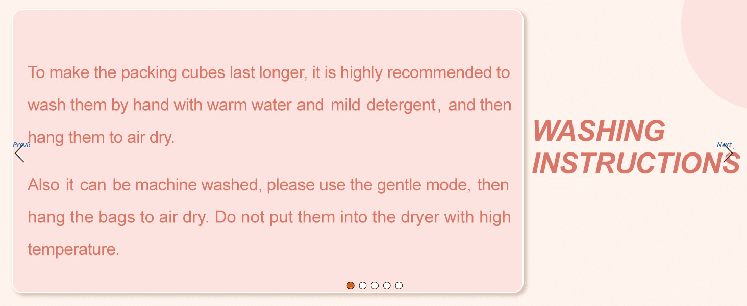 Tells shoppers how to properly hand-wash or machine-wash the packing cubes to make them last longer.