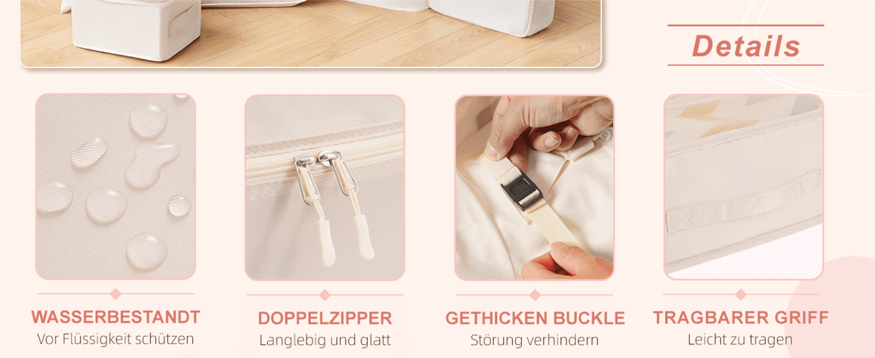 Shows four separate build benefits (water resistant, double zipper, sturdy buckle, carry handle) so shoppers trust the quality. Zooms in on the zipper, buckle, fabric and handle so shoppers can see…