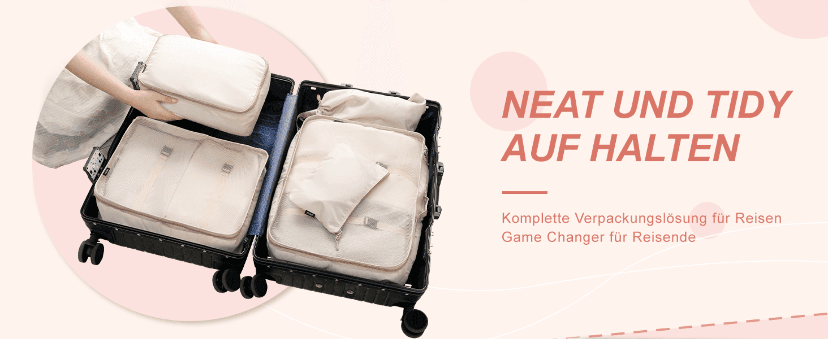 Shows the cubes packed neatly in a suitcase to promise a tidy, complete packing solution for travel.