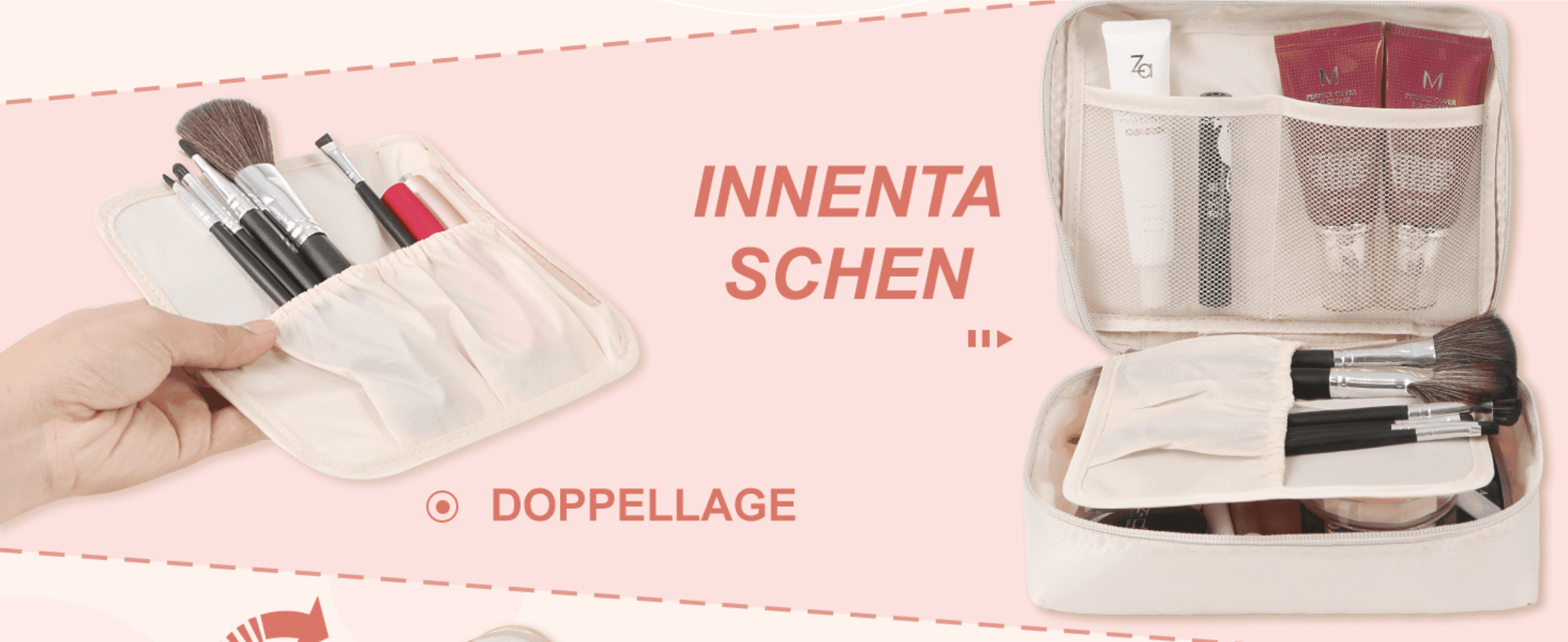 Shows the inside pockets and double layer of the cosmetic bag so shoppers see how it holds their items. Puts the focus on the organised interior, so shoppers know their makeup stays sorted.