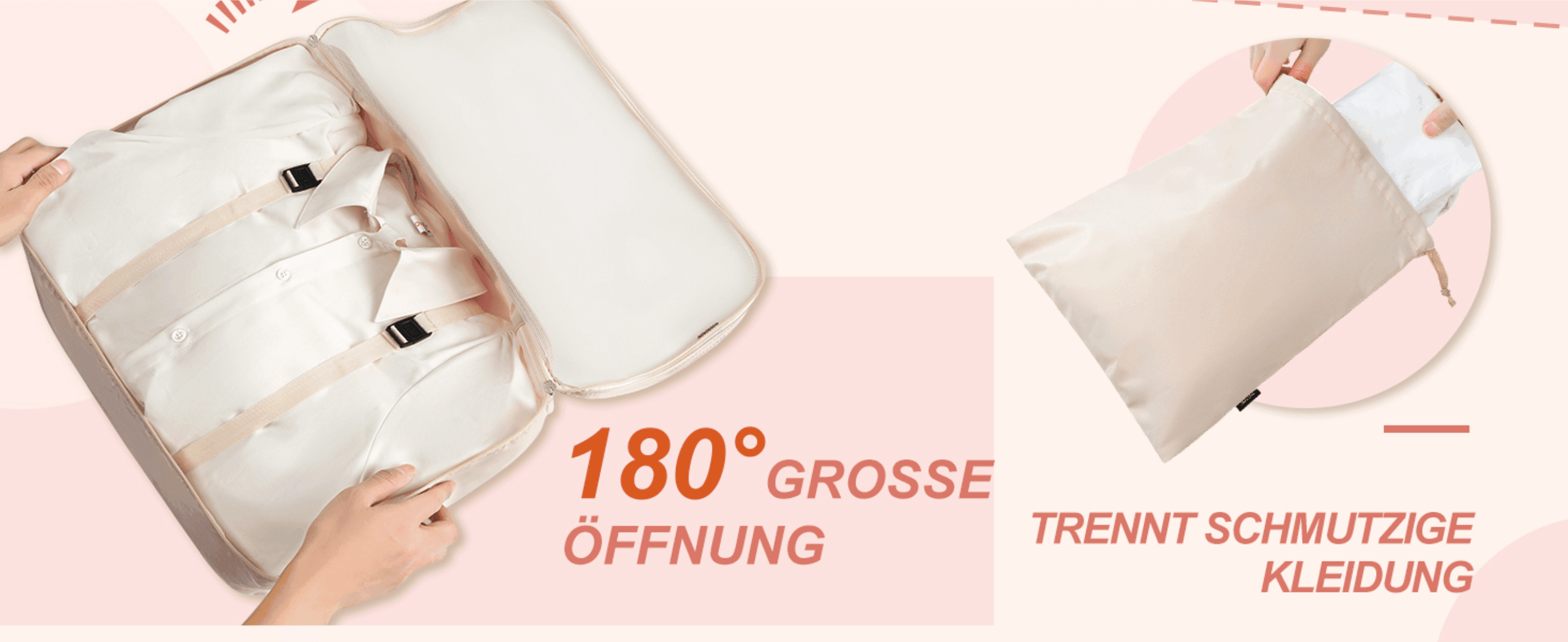 Shows two benefits, a wide-opening cube and a separate bag for dirty clothes, to make packing and unpacking easier.
