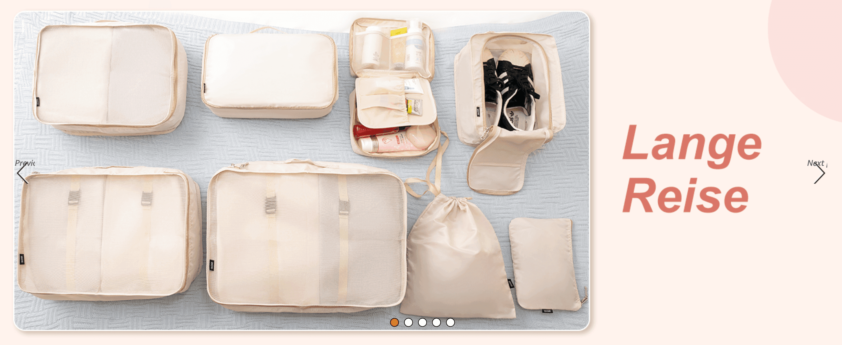 Lays out every piece in the set so shoppers see what they get and that it covers a long trip. Ties the full set to one use, a long trip, so shoppers see it as complete.