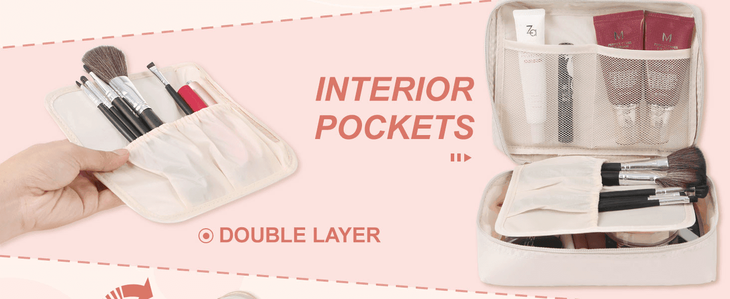 Highlights two organizational features of the toiletry bag: labeled interior pockets for small items and a double-layer design for extra capacity.