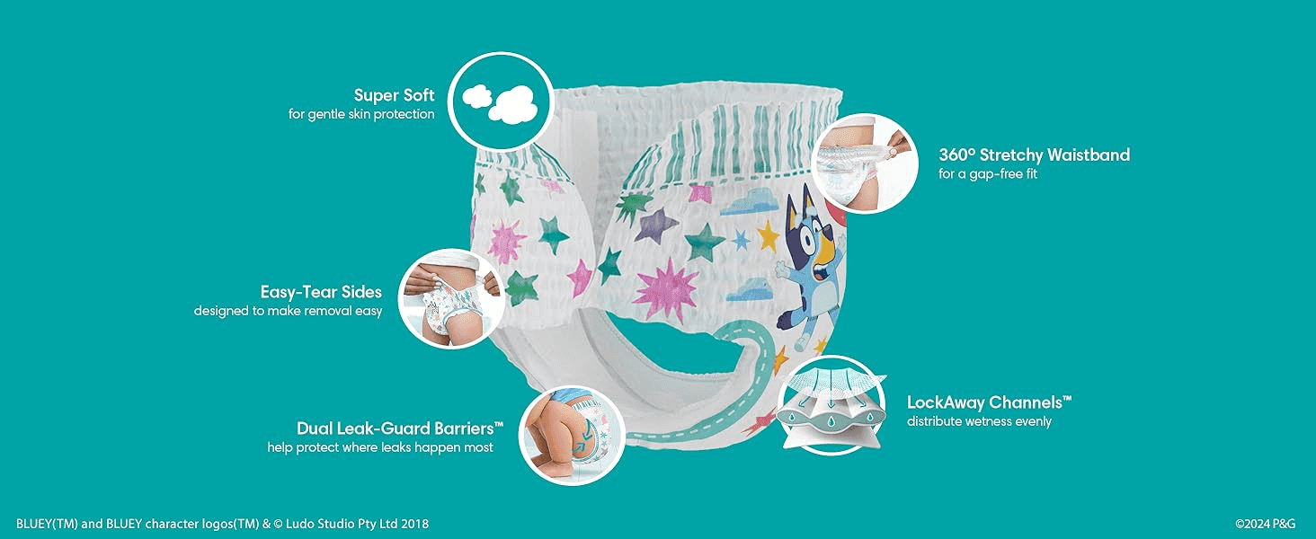 Breaks down the diaper's physical design features to reassure parents of comfort, fit and leak protection. Highlights five distinct product benefits in one segmented graphic to build confidence in…