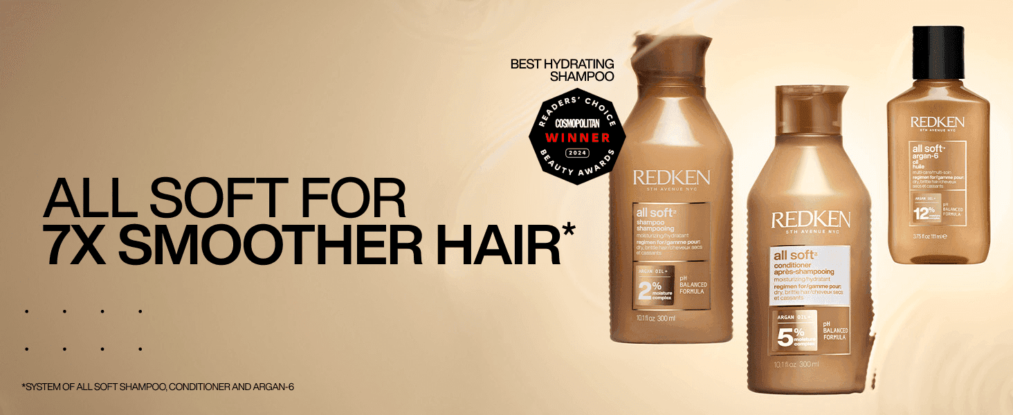 Leads with a bold 7X smoothness claim and an award badge so shoppers trust the All Soft range delivers visibly smoother hair. Presents one clear benefit over the Redken product lineup to make the…