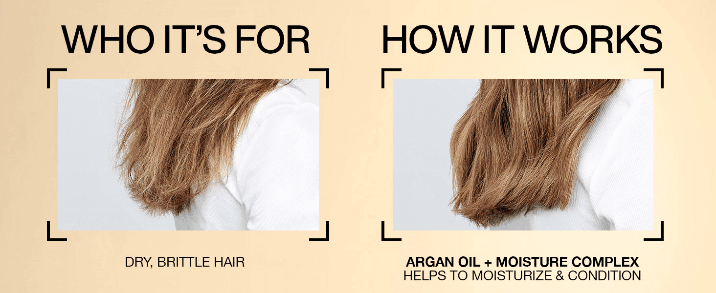 Splits the message into two panels showing which hair type the range is for and how argan oil moisturizes it, so shoppers see quickly that it fits their needs.