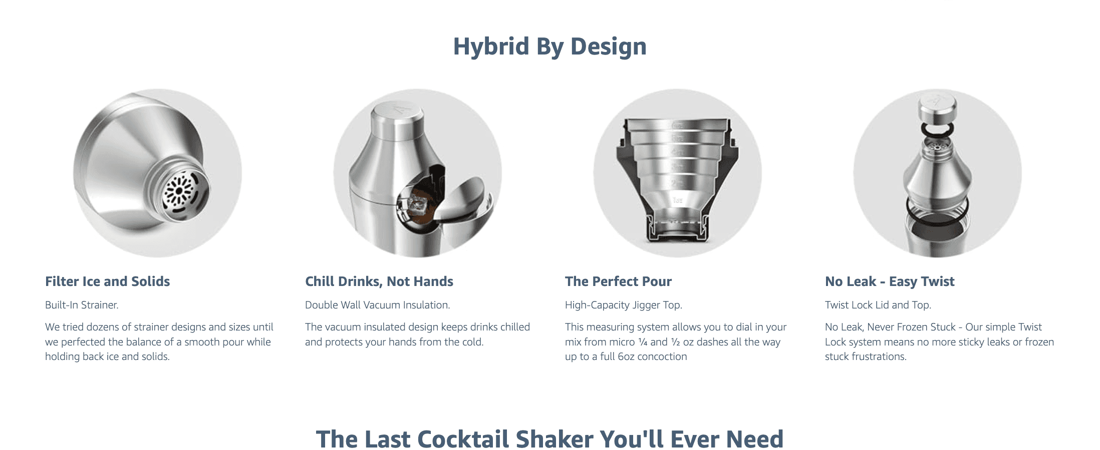 Breaks down four distinct design benefits of the hybrid shaker in a segmented icon grid.