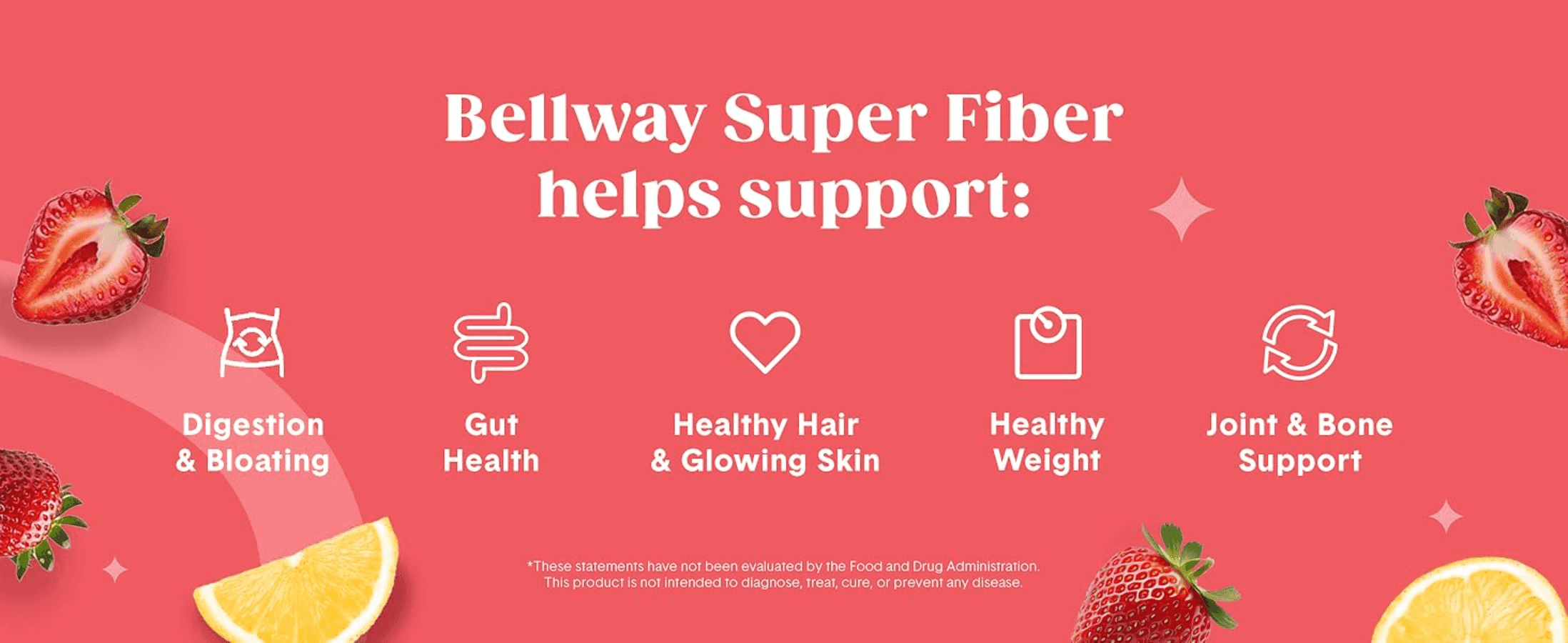 Lists five health areas the fiber supports through icon panels, so shoppers see the range of benefits at a glance.