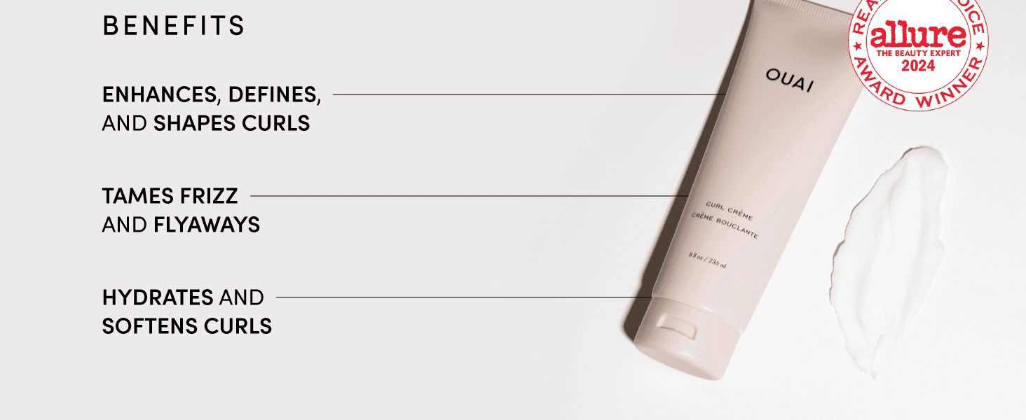 Lists three curl benefits (defines, tames frizz, hydrates) with callout lines to the tube so shoppers see what the cream does at a glance.