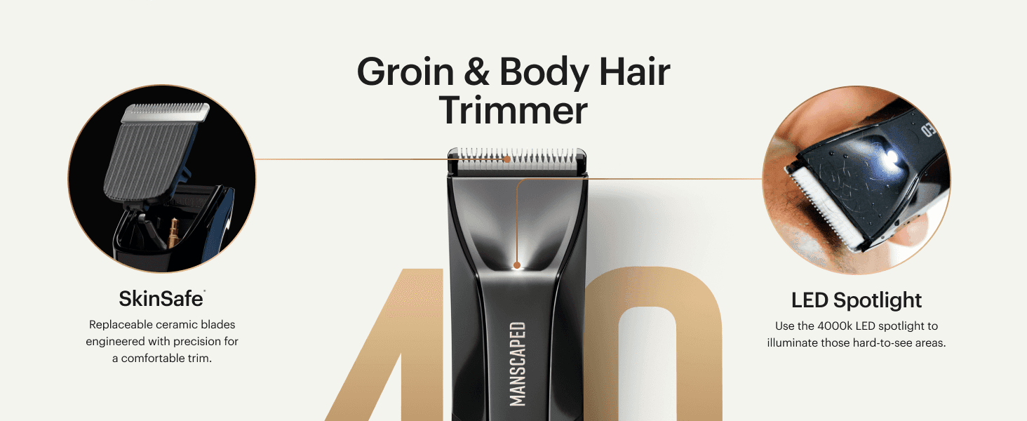 Points to two specific physical components of the trimmer to explain what each part does. Highlights two distinct product benefits, safe blades and better visibility, in one segmented callout layout.