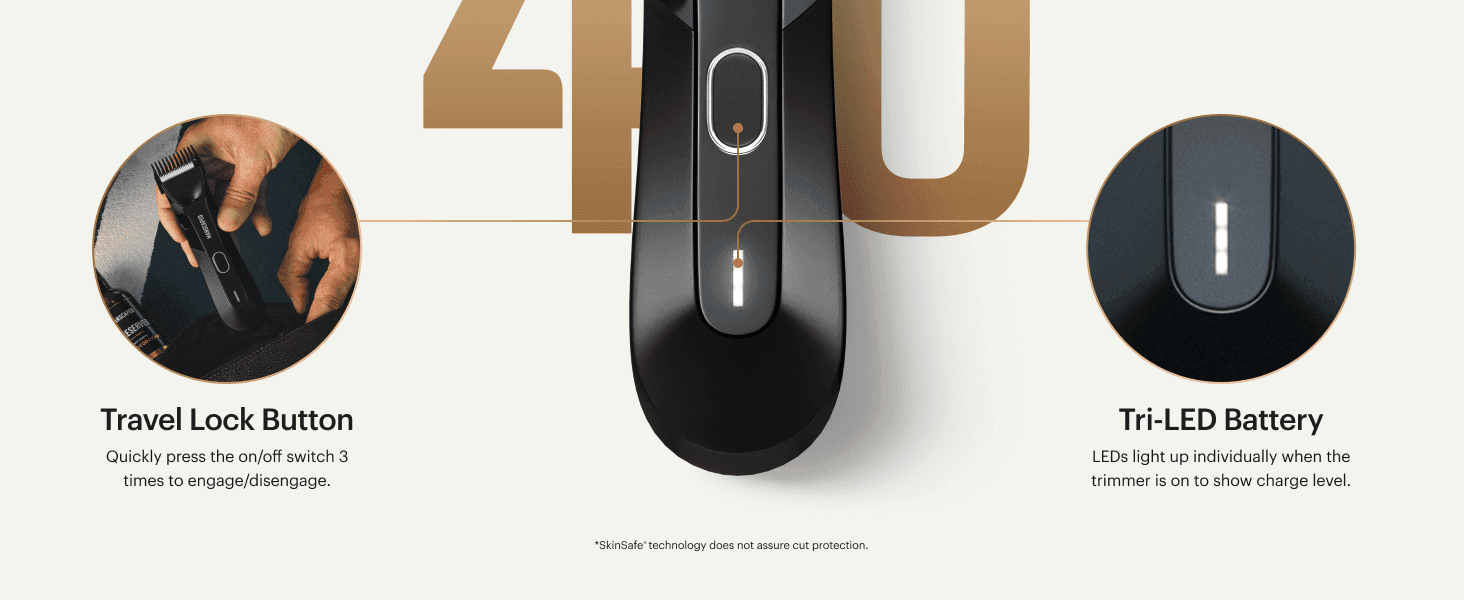 Points to two specific physical components of the trimmer to explain what each part does. Highlights two distinct product benefits, travel lock convenience and battery charge visibility, in one…