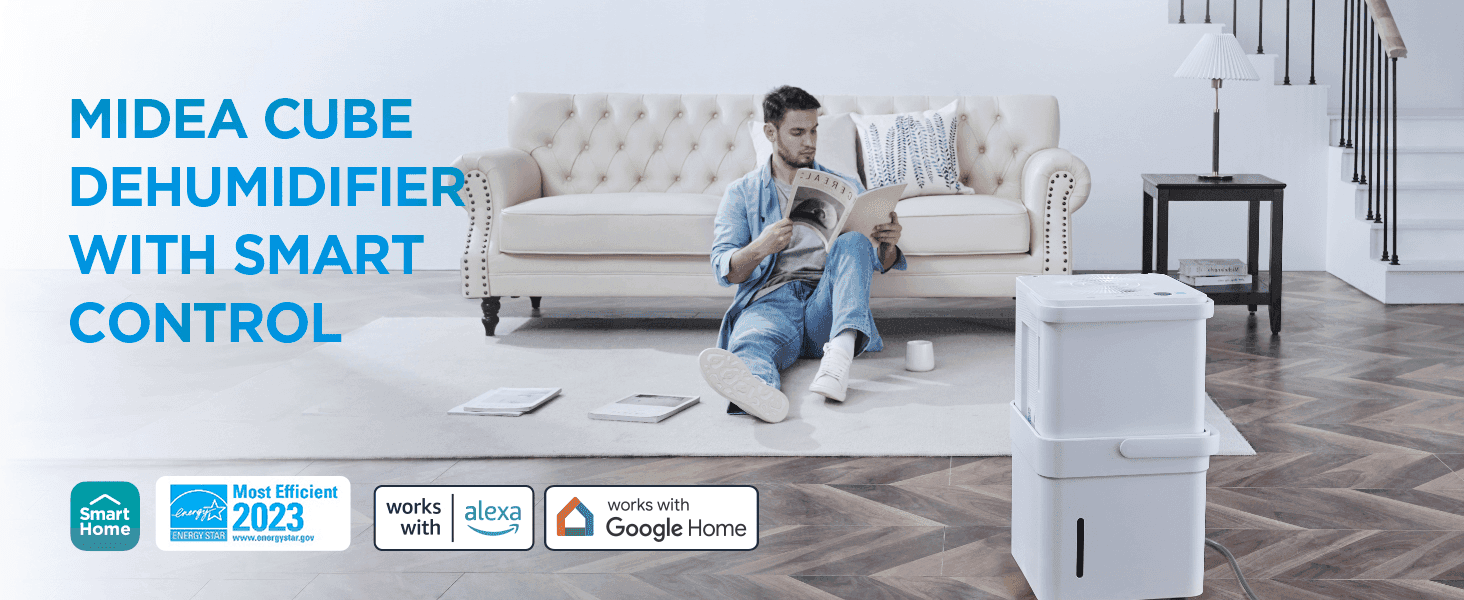 Shows the dehumidifier in a real living room with a headline highlighting smart, connected control. Confirms the product works with Alexa and Google Home and is energy-efficient, reassuring shoppers…