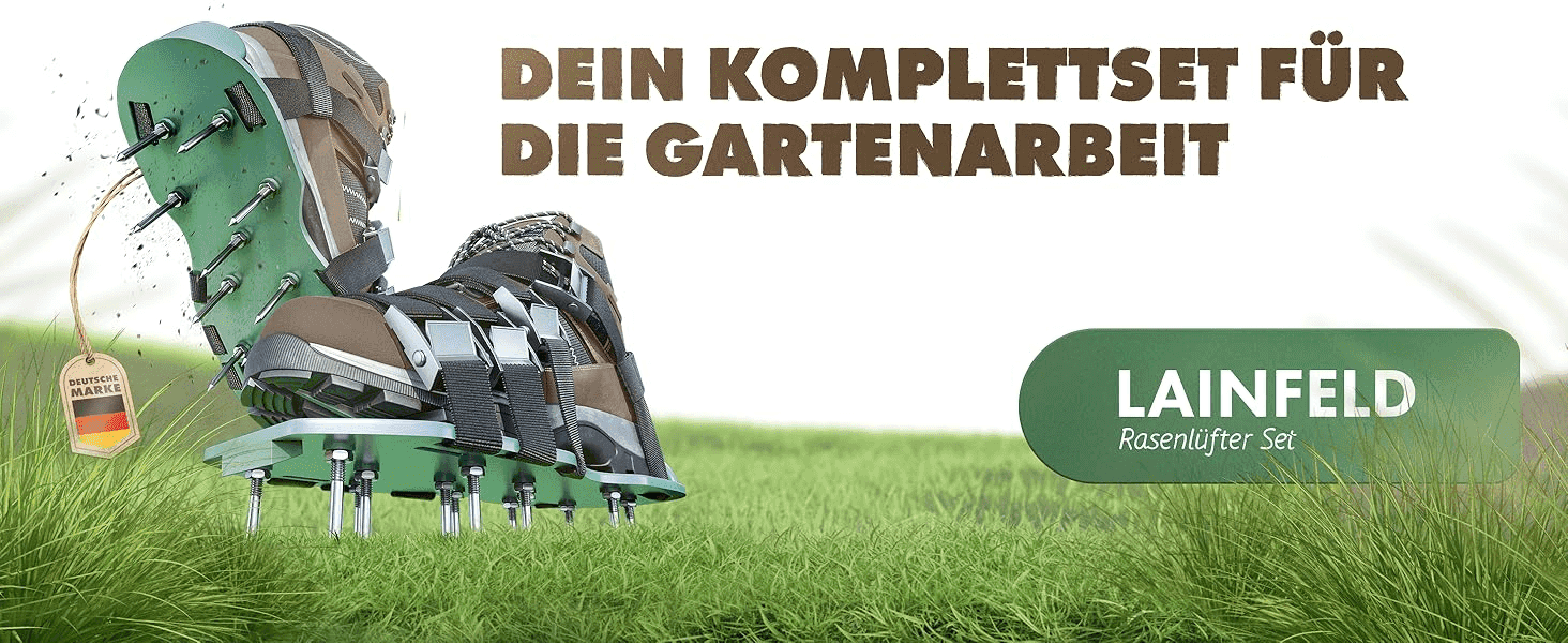 Introduces the product as a complete garden aerator kit through a bold hero image and headline. Reinforces the LAINFELD brand name and product line via a prominent logo badge.