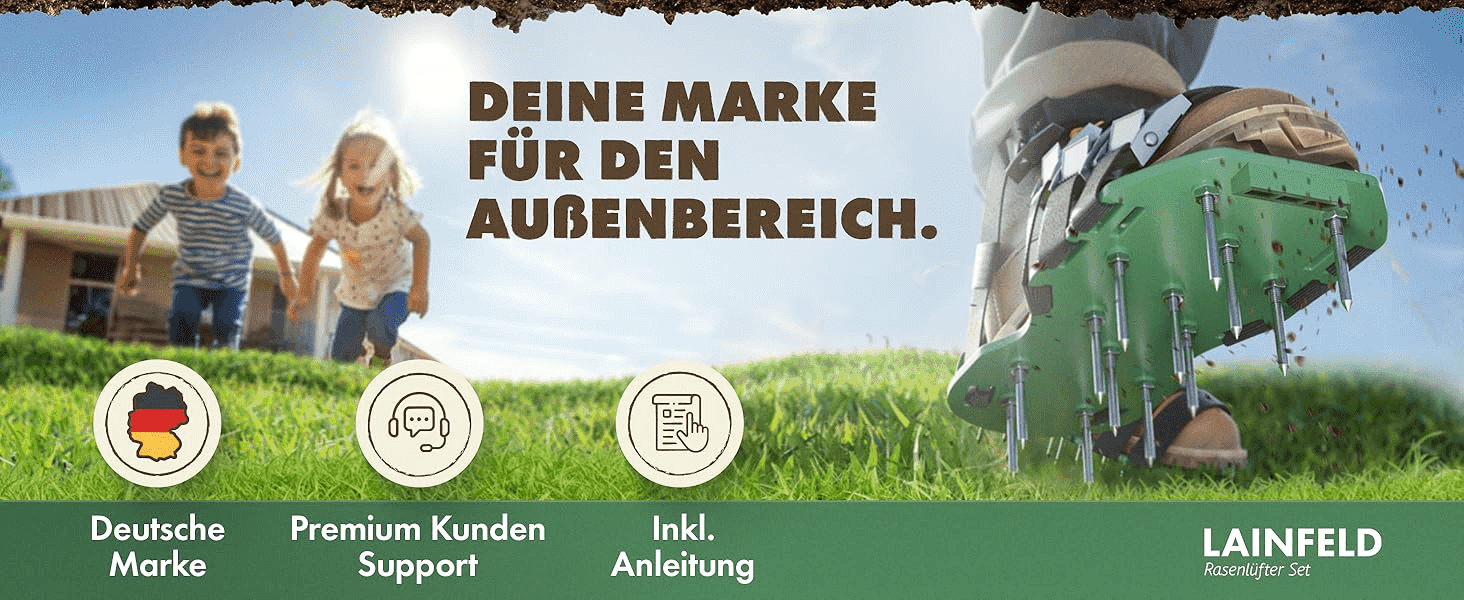 Positions LAINFELD as a trusted German outdoor brand backed by customer support and easy setup. Highlights three reassurance points — German brand, premium support and included instructions — in a…