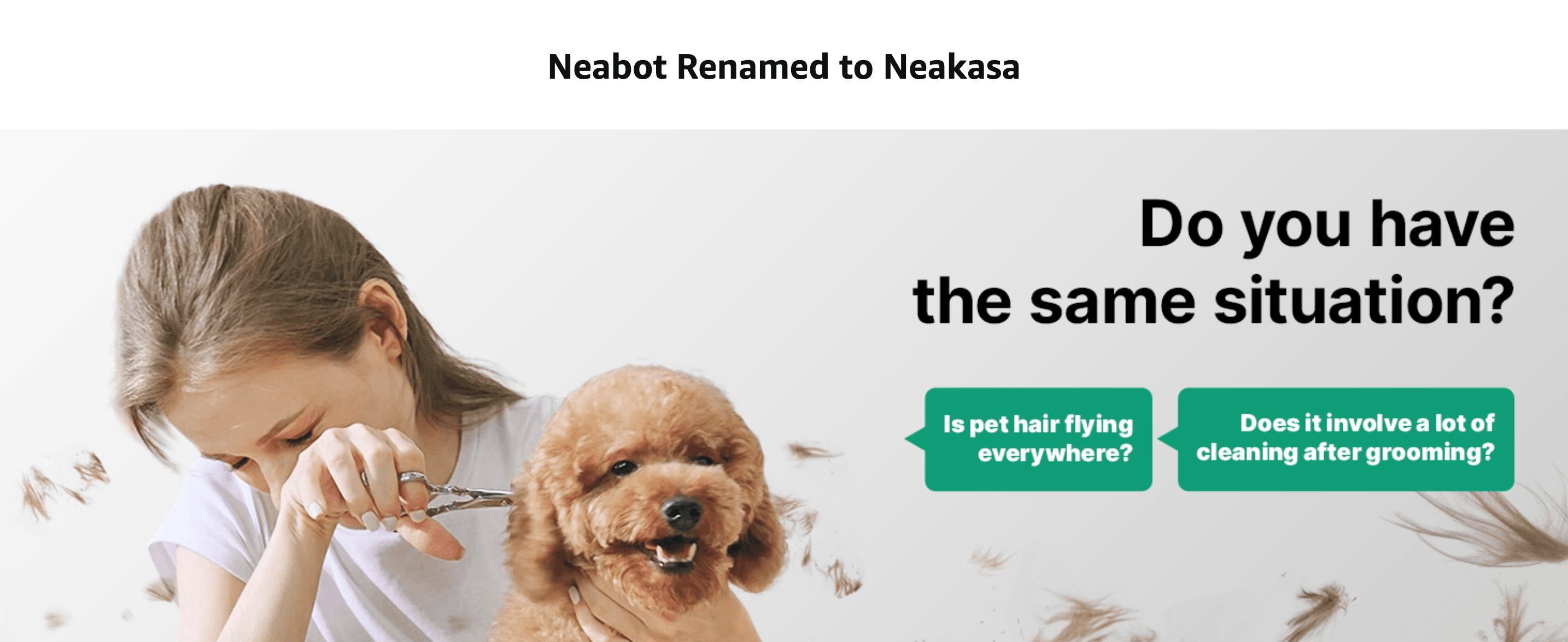 Poses relatable grooming pain points (flying pet hair, heavy cleanup) to prime shoppers for the product's solution.
